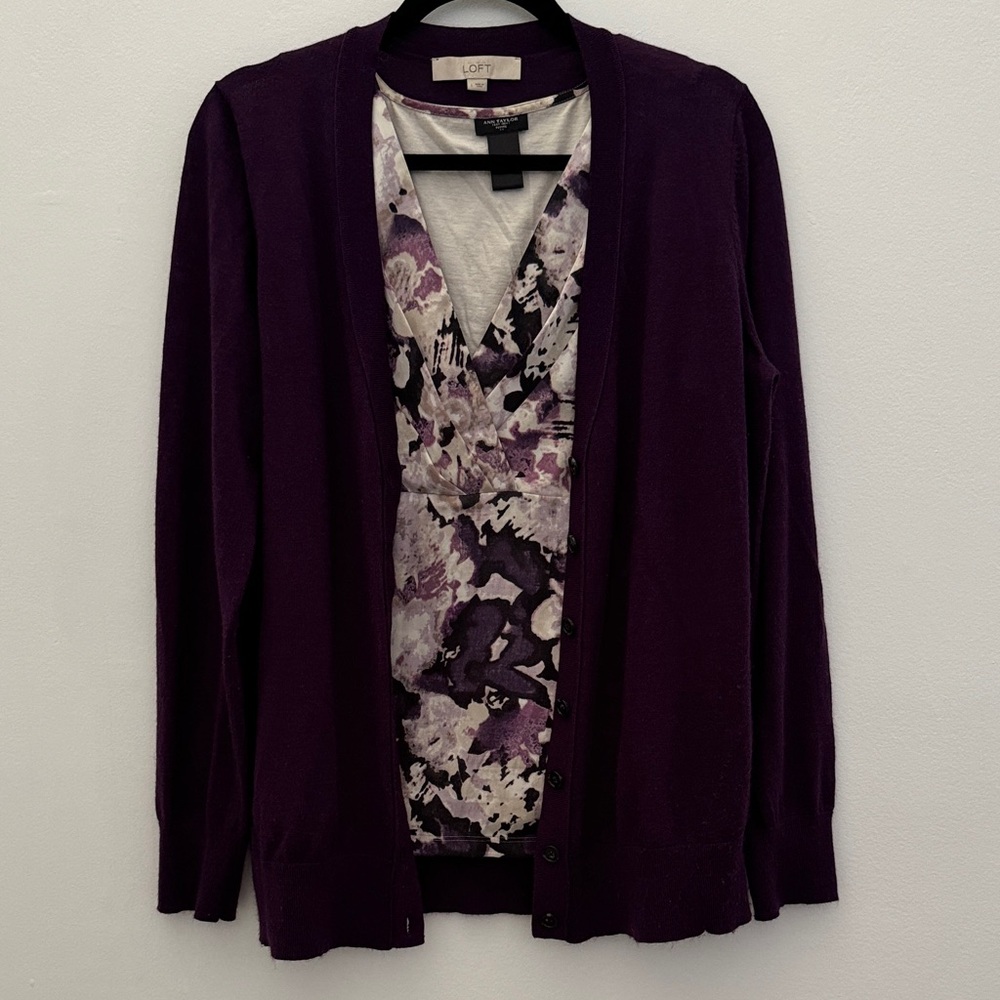 Set of 2 Ann Taylor / LOFT Purple Women's Cardigan and Purple Print Tank Top